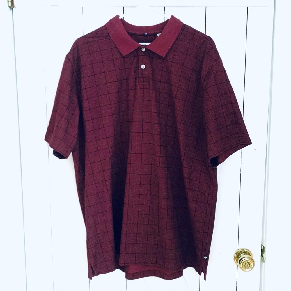 Tennis Polo Shirt Button Down Collar Short Sleeve Burgundy Plaid Polo Golf XL